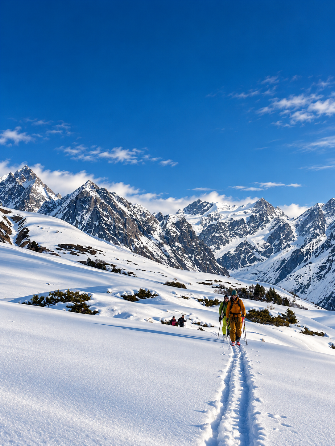 Ski tourers crossing a snowy valley beneath the high Caucasus peaks near Ushguli, Upper Svaneti, Georgia