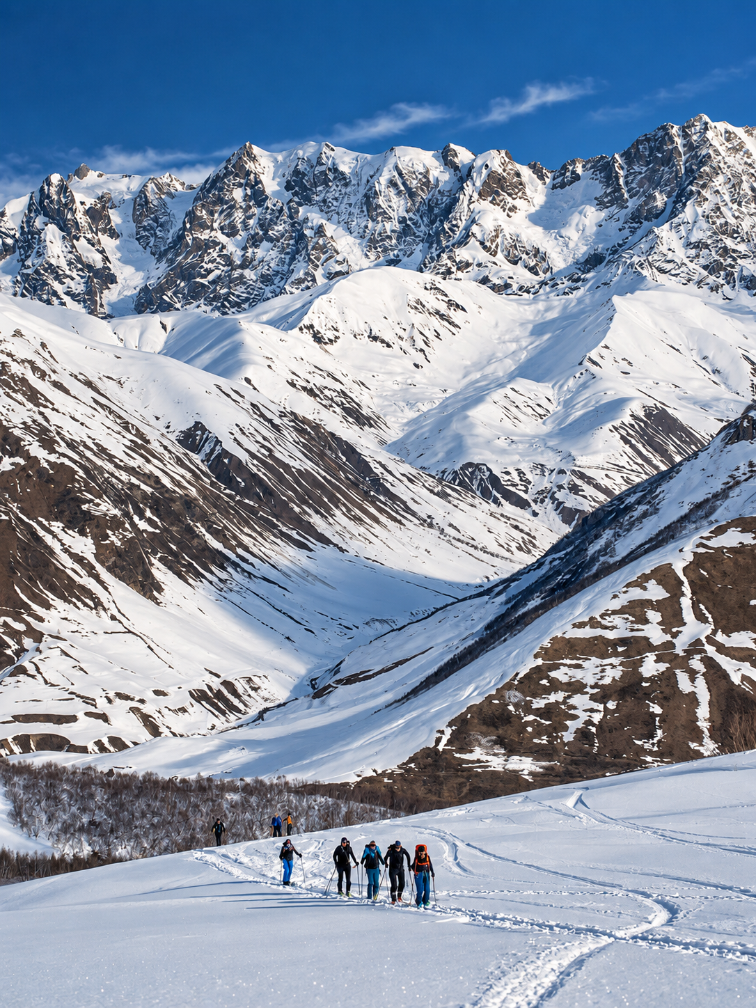 Ski tourers crossing a snowy valley beneath the high Caucasus peaks near Becho and Mazeri, Svaneti, Georgia