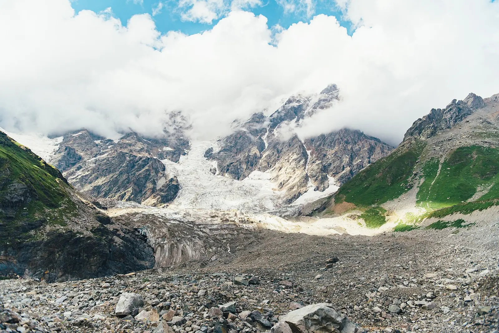 The Shkhara glacier tongue below Georgia's highest peak in the Caucasus mountains