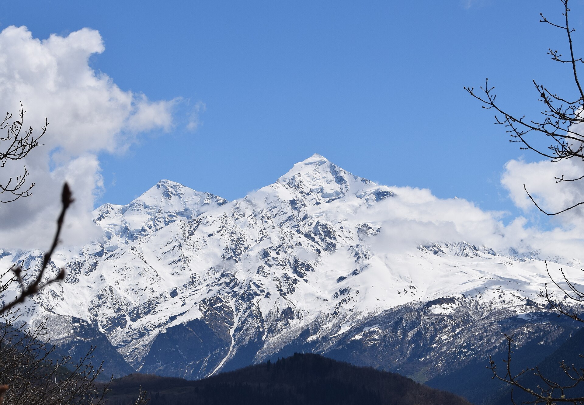 The snow-covered north face of Mount Tetnuldi in winter, Svaneti, Georgia
